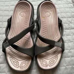 CROCS Women's Size 6 Brown & Pink Criss Cross Open Toe Slip On Slide Sandals